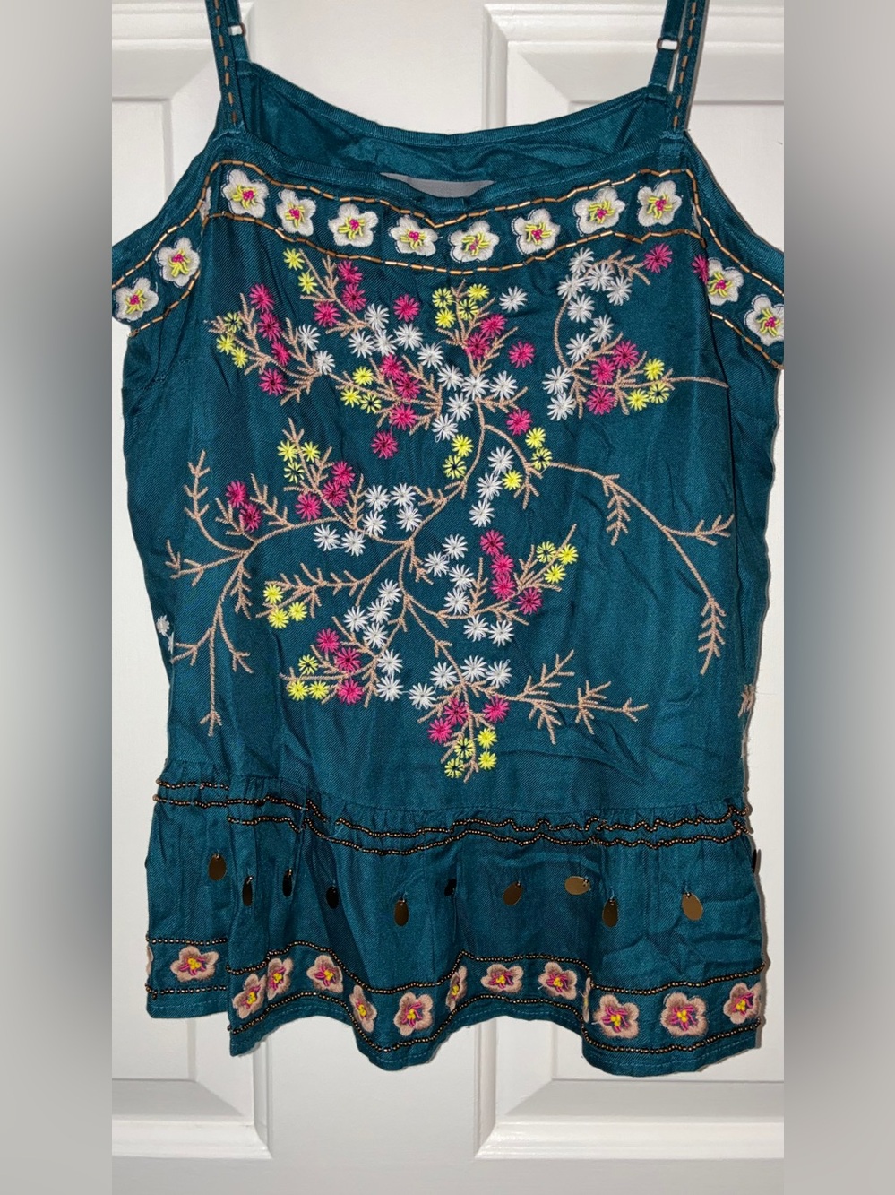 Like New Anthropologie Luzia Blue Embroidered Beaded Ruffle Tank Top Sz XS